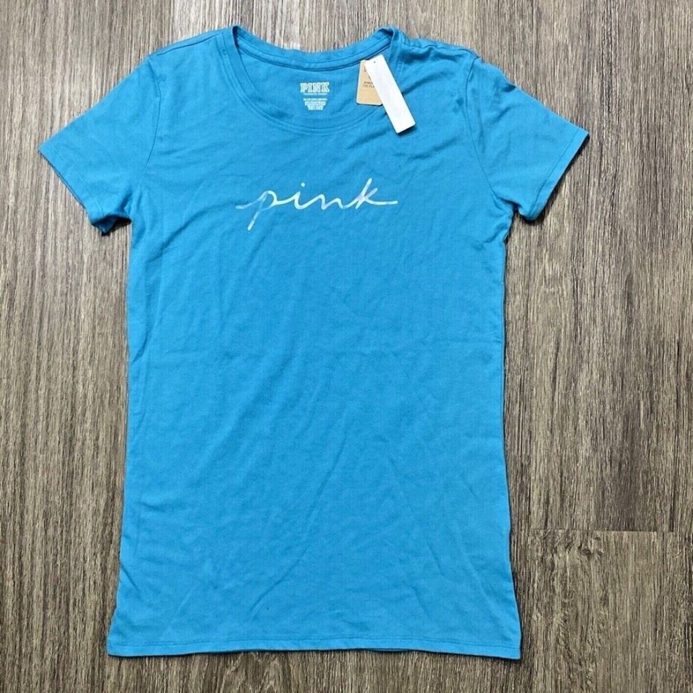 Victoria's Secret PINK Women's Tee Shirt Cursive Logo Short Sleeve Teal